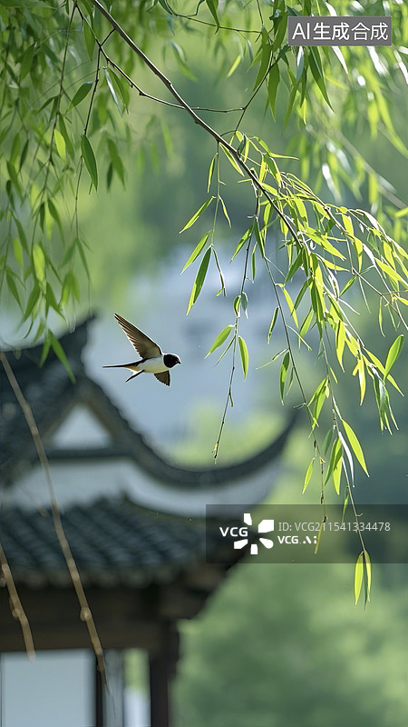 【AI数字艺术】春分燕子在柳树间飞翔插画图片素材