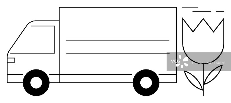 送货卡车行驶中，带有郁金香象征图片素材