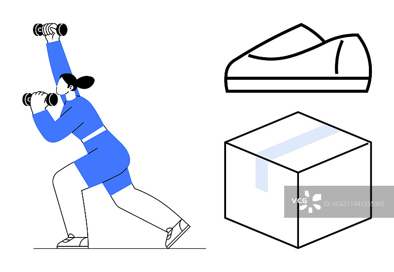 女性在使用哑铃锻炼，旁边有鞋子和箱子图片素材