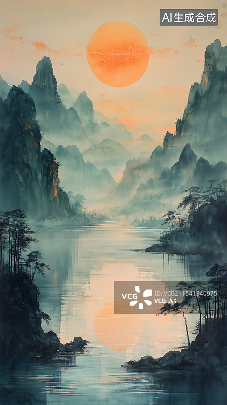 【AI数字艺术】竖屏中国风山水画图片素材