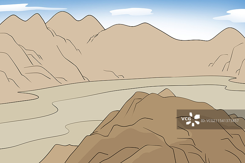 蓝天白云川西山间盆地卡通漫画风景插画图片素材