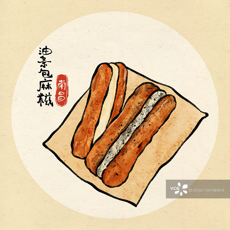 国风南昌美食插画-油条包麻糍图片素材