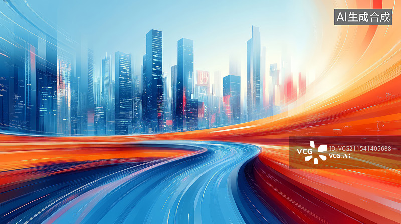【AI数字艺术】抽象彩色线条和城市天际线科技商务主题背景图片素材