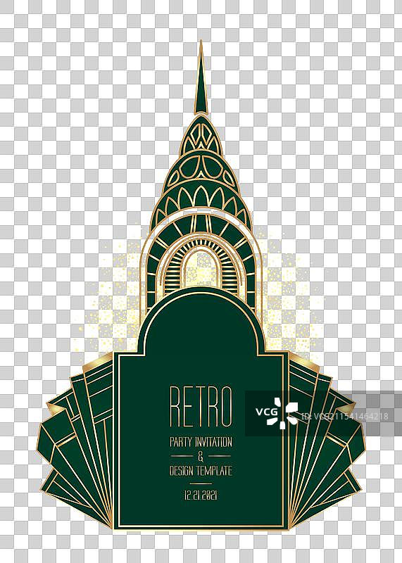 深绿色背景上的艺术装饰风格复古金色图案图片素材