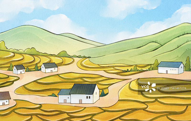 手绘水彩秋季梯田小清新治愈系风景插画图片素材