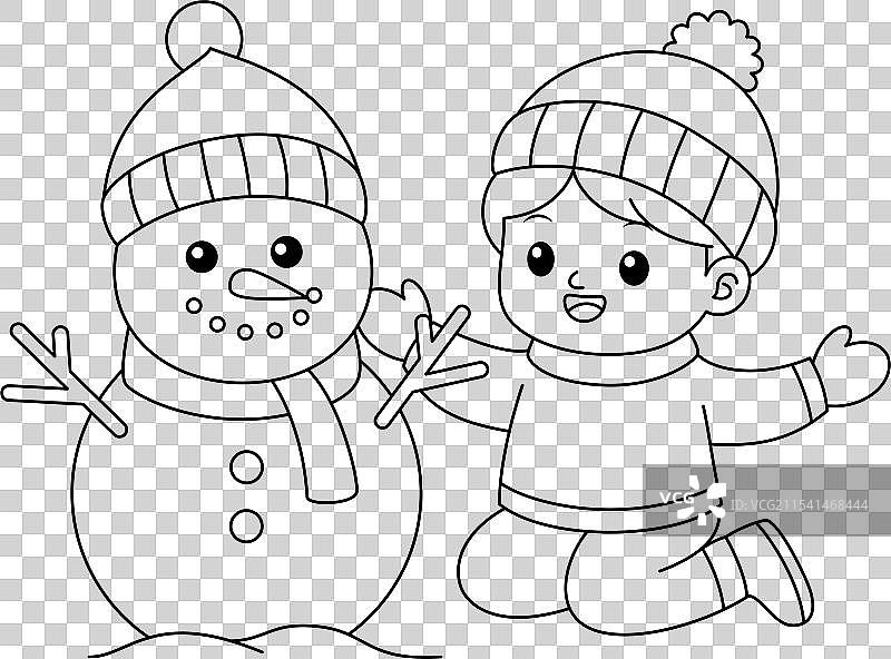 可爱的男孩们在制作雪人，卡通涂色画图片素材
