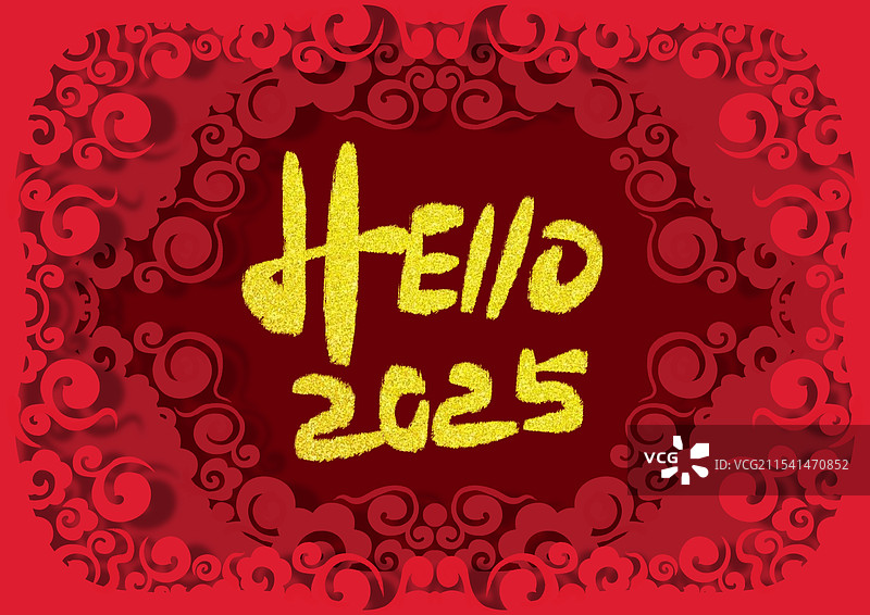 新年红色背景剪纸风格艺术字海报插画图片素材