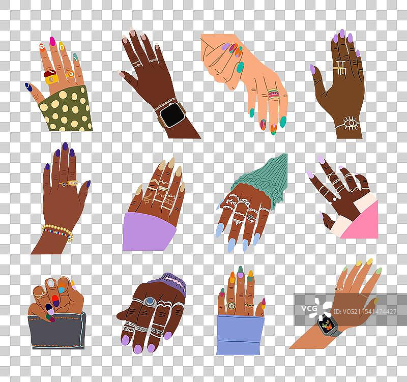 一组不同的女性手部，配有现代美甲图片素材