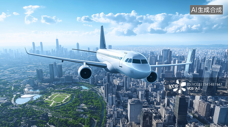【AI数字艺术】飞行在城市上空的飞机图片素材