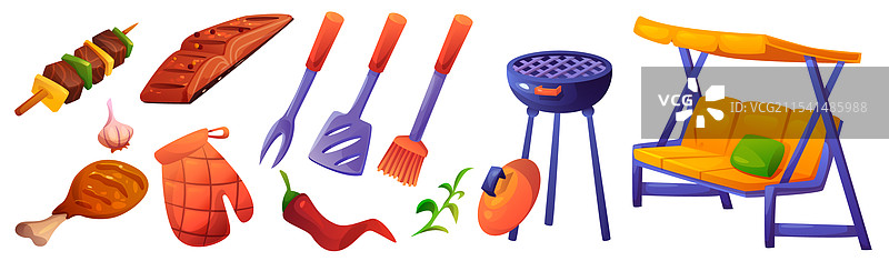 烧烤和烤架卡通套装图片素材