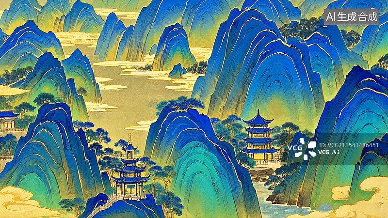 【AI数字艺术】中国青绿工笔山水画图片素材