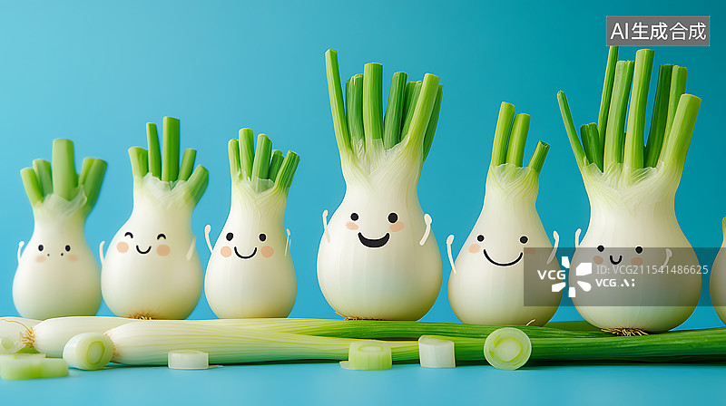 【AI数字艺术】可爱的Chibi风格拟人化蔬菜，由绿葱和白葱制作，具有手臂、腿、面部特征和T恤，坐在切好的春葱片上，图片素材
