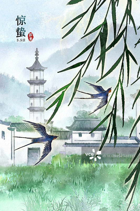 二十四节气惊蛰春季江西婺源徽派建筑油菜花田风景图-古风国风水墨风水彩写意海报模板图片素材