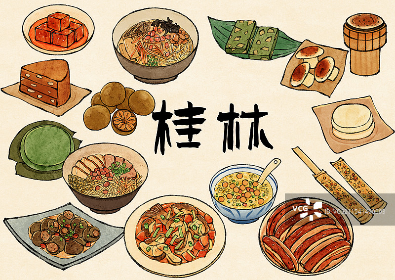 广西桂林美食国风插画图片素材