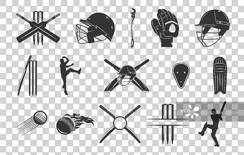 板球剪影，板球拍、球和门柱的SVG图形图片素材