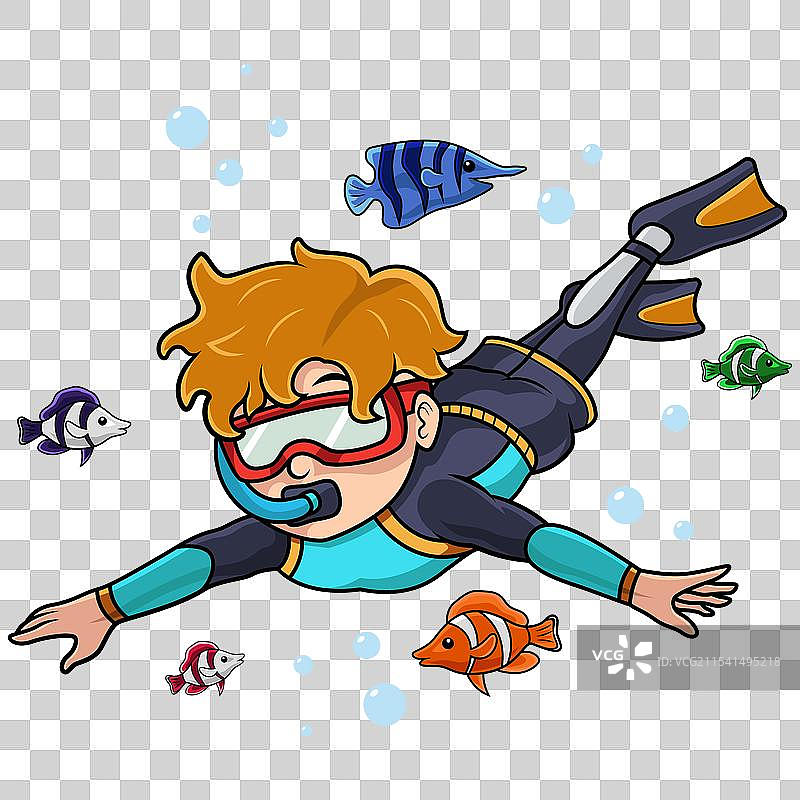 卡通小男孩在水下潜水图片素材