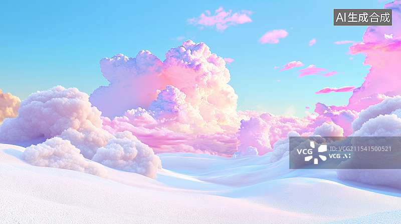 【AI数字艺术】3D山脉沙丘白云旷野天空风景产品展台高级感科技电商商务时尚海报插画蓝色粉色白色清新宁静唯美背景图片素材