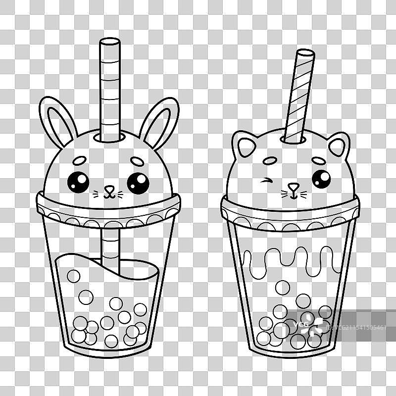 可爱的轮廓玻璃泡泡茶，兔子和猫咪图片素材