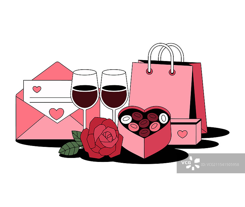 卡通情人节礼品套装，包含红酒和玫瑰图片素材
