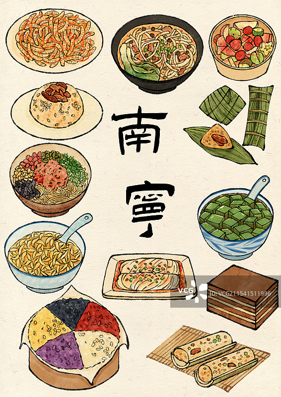 广西南宁美食国风插画图片素材
