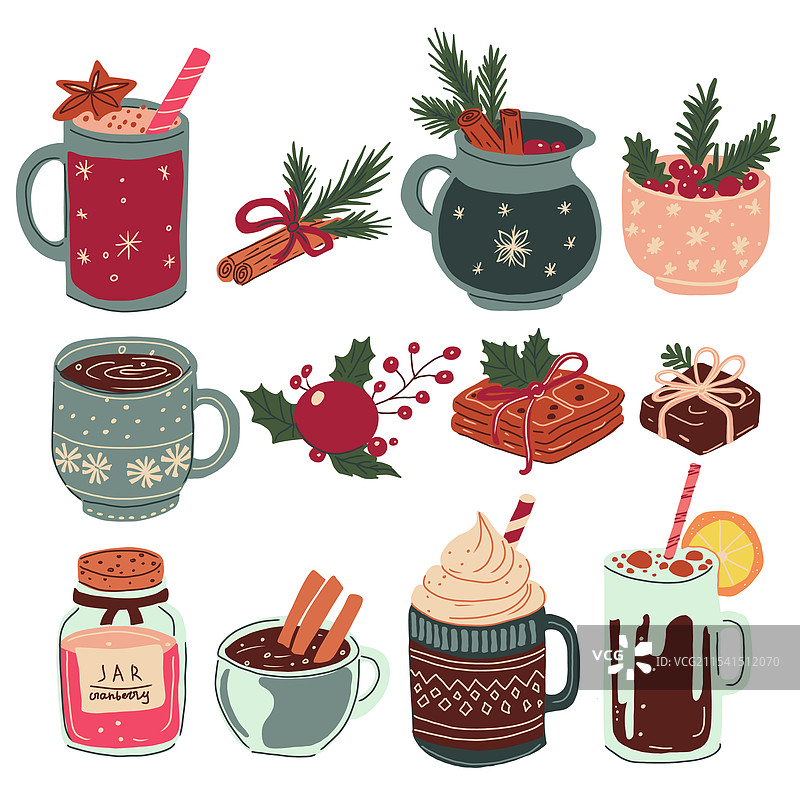 手绘节日冬季饮品组合，热红酒图片素材