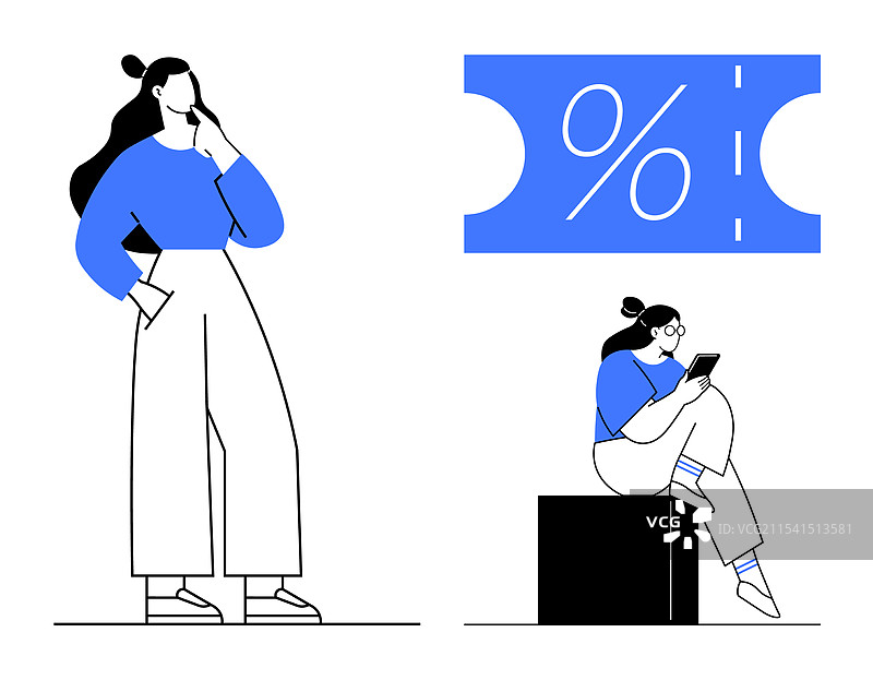 沉思的女性与坐着使用平板电脑的女性图片素材