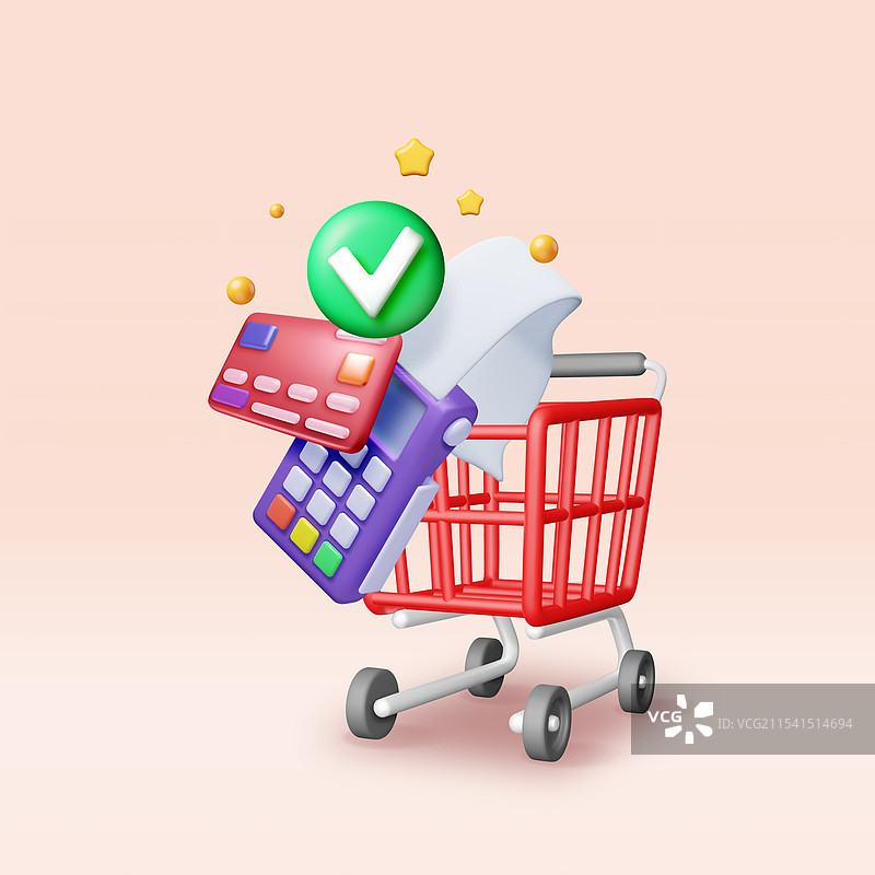3D支付终端与信用卡和购物车图片素材