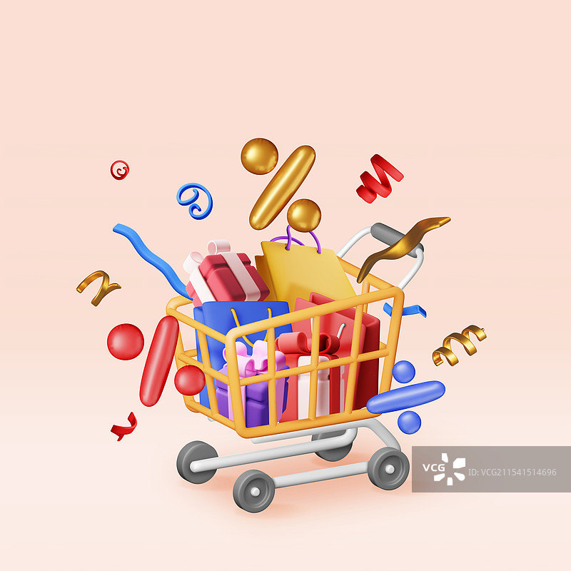 购物车中的3D购物袋或礼品袋图片素材