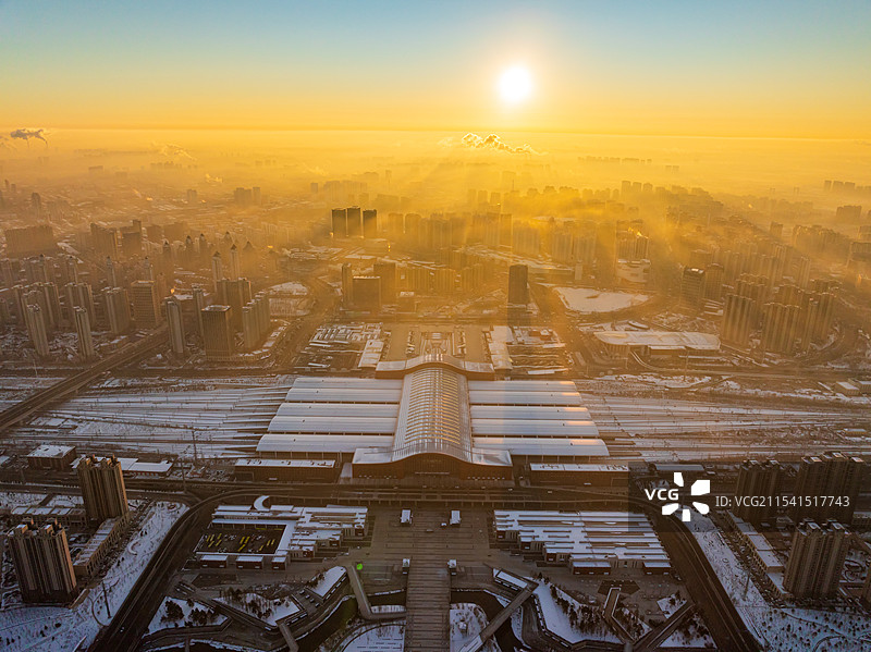 哈尔滨西站日出航拍图片素材