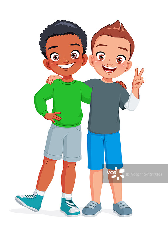 两个年轻男孩快乐地拥抱在一起，最好的朋友图片素材