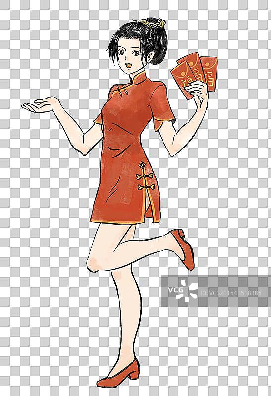 穿旗袍拿红包的美女人物新年节日喜庆插画元素图片素材