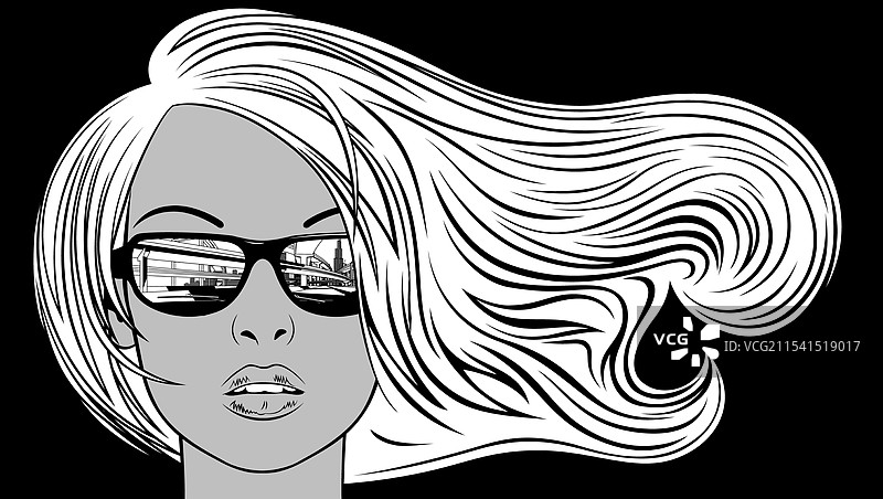 戴着太阳镜的女孩的头部，长发飘逸图片素材