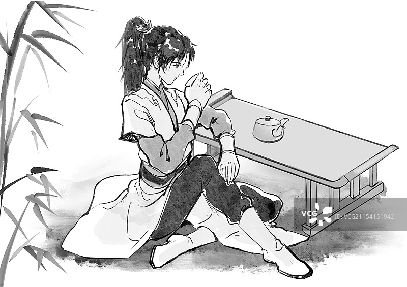 黑白古风水墨武侠人物手绘插画图片素材
