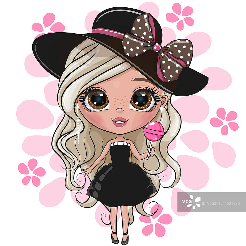 戴着帽子和棒棒糖的卡通女孩图片素材