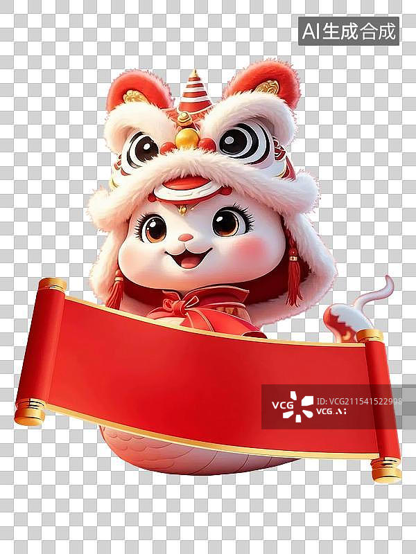 【AI数字艺术】戴舞狮帽拿横幅的可爱3D风格蛇模型免扣元素图片素材