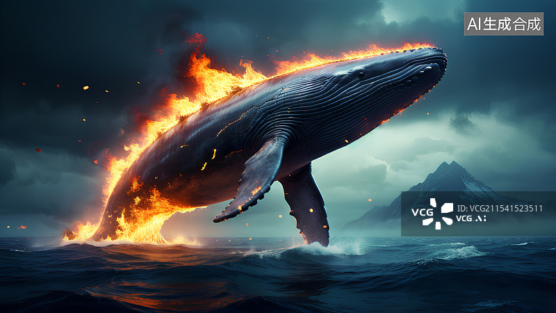 【AI数字艺术】创意设计插画 海洋上着火的鲸鱼图片素材