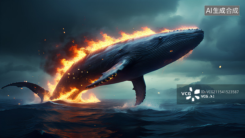 【AI数字艺术】创意设计插画 海洋上着火的鲸鱼图片素材