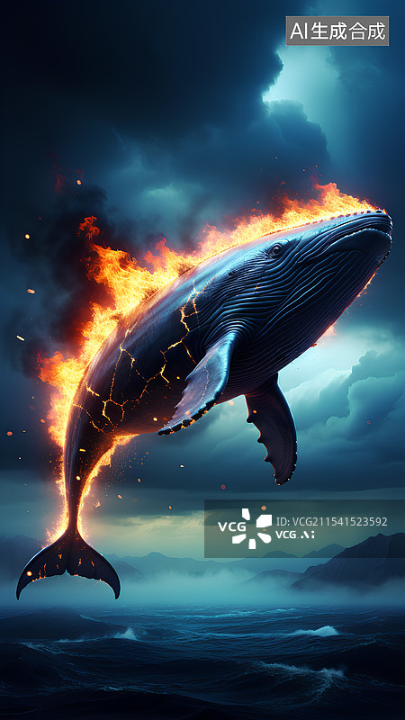 【AI数字艺术】创意设计插画 海洋上着火的鲸鱼图片素材