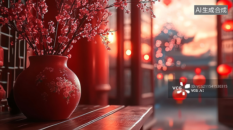 【AI数字艺术】中式传统红色花瓶摆件和春节喜庆氛围背景图片素材
