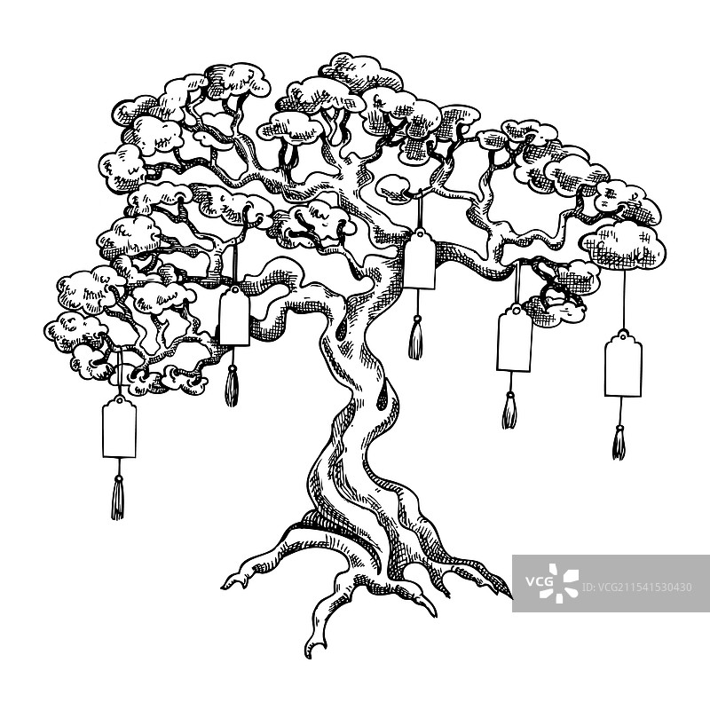 2025年农历新年的许愿树素描图片素材