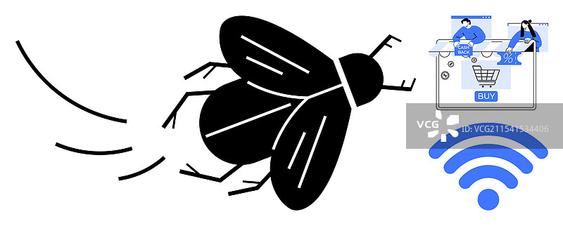 黑色苍蝇在网上购物图标附近嗡嗡作响图片素材