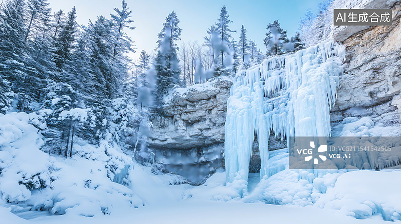 【AI数字艺术】山谷间的冰瀑布图片素材