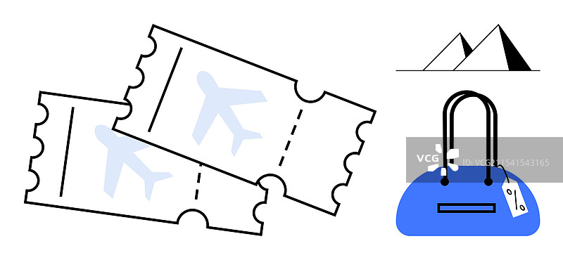 旅行必需品：机票、蓝色旅行袋图片素材