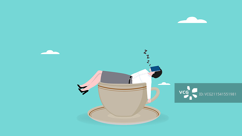 商界女性在一个大咖啡杯里酣然入睡图片素材