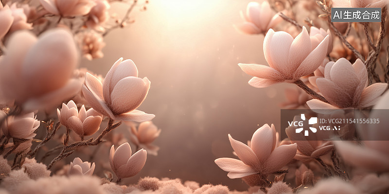 【AI数字艺术】时尚潮流羊毛毡毛绒玉兰花装饰棕色背景墙插画图片素材