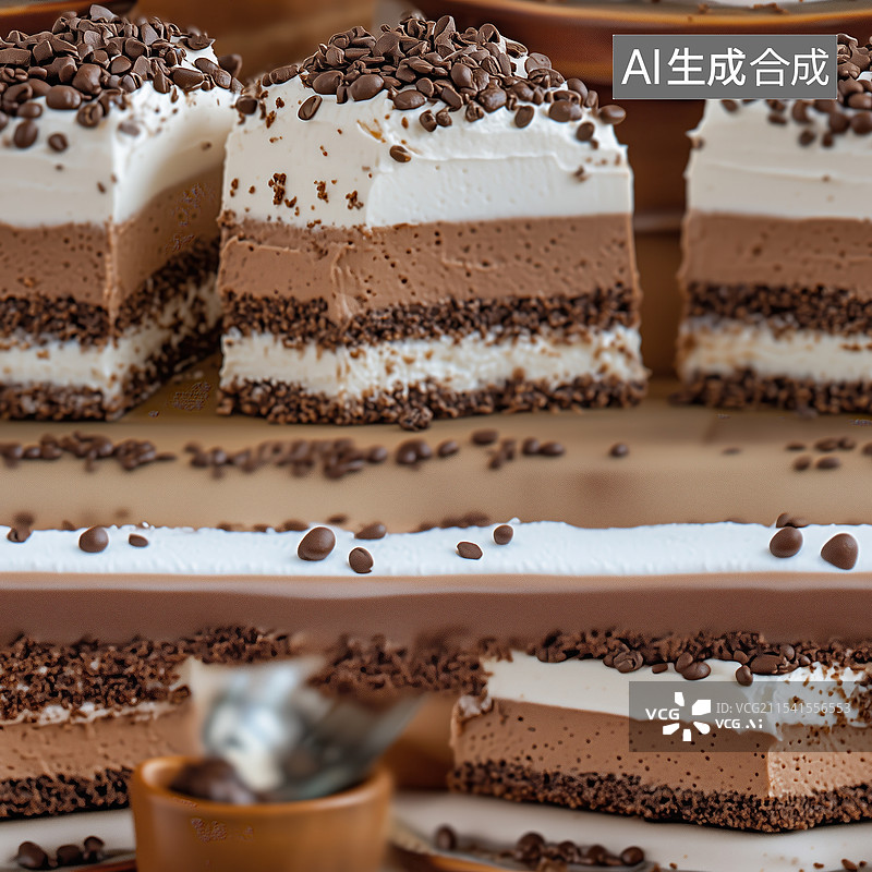 【AI数字艺术】诱人甜食巧克力摩卡慕斯蛋糕无缝循环拼贴插画图片素材