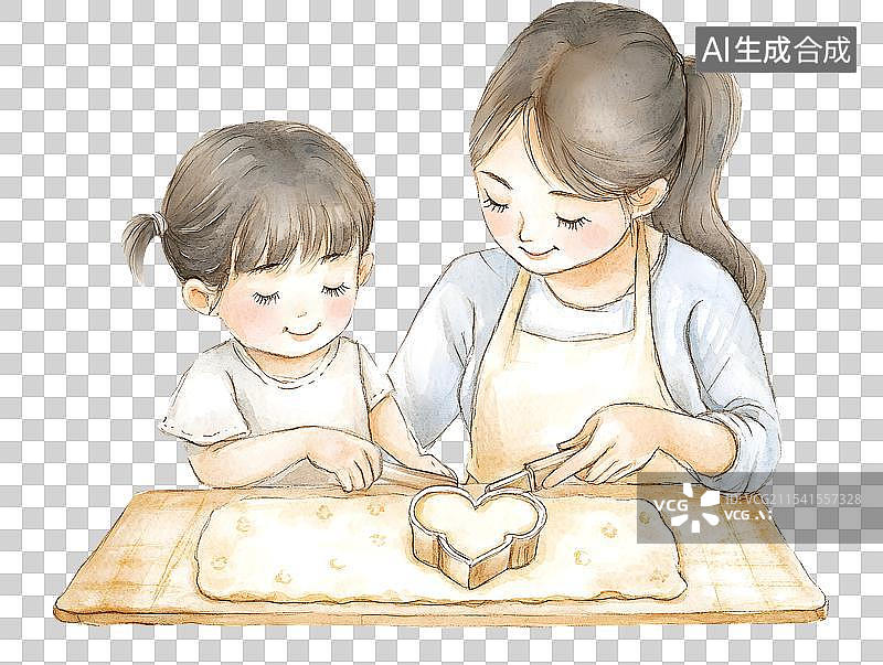 【AI数字艺术】妈妈陪孩子制作饼干，亲子时光，烘焙，水彩画风格图片素材