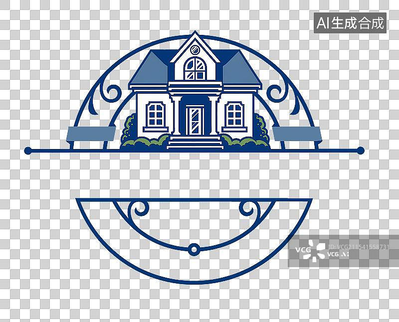 【AI数字艺术】蓝色复古圆形别墅学校插画logo-透明底免抠图片素材