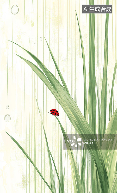 【AI数字艺术】一幅可爱的插画，画面中有三只瓢虫在绿色的叶子上。背景是浅蓝色的天空，点缀着几朵白云和一些小叶子，图片素材