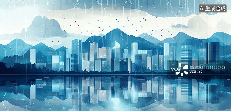 【AI数字艺术】一幅插画，画面中有多名工人穿着橙色的安全服，悬挂在高楼大厦之间进行高空作业。背景是现代化的城市天际线图片素材